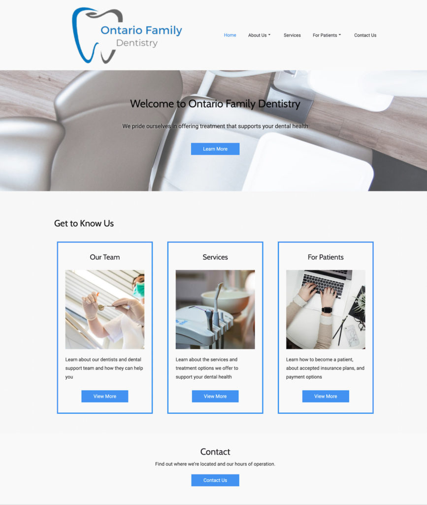 Desktop version of website homepage of Ontario Family Dentistry.